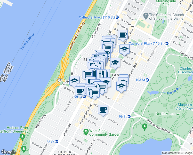 map of restaurants, bars, coffee shops, grocery stores, and more near 216 West 100th Street in New York