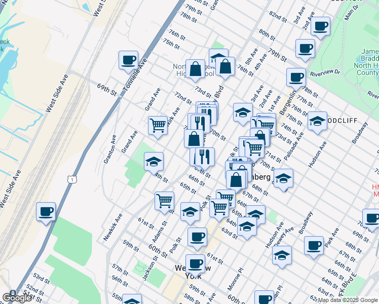 map of restaurants, bars, coffee shops, grocery stores, and more near 6812 Bergenwood Avenue in North Bergen