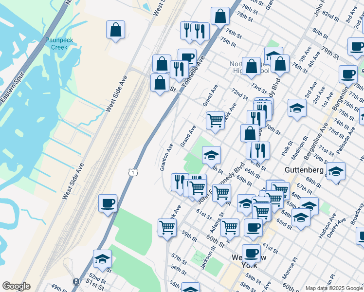 map of restaurants, bars, coffee shops, grocery stores, and more near 6411 Grand Avenue in North Bergen