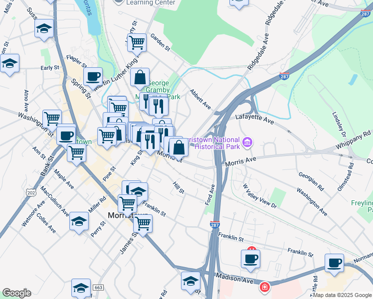 map of restaurants, bars, coffee shops, grocery stores, and more near 19 Olyphant Place in Morristown
