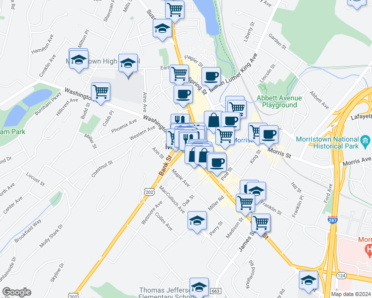 map of restaurants, bars, coffee shops, grocery stores, and more near in Morristown