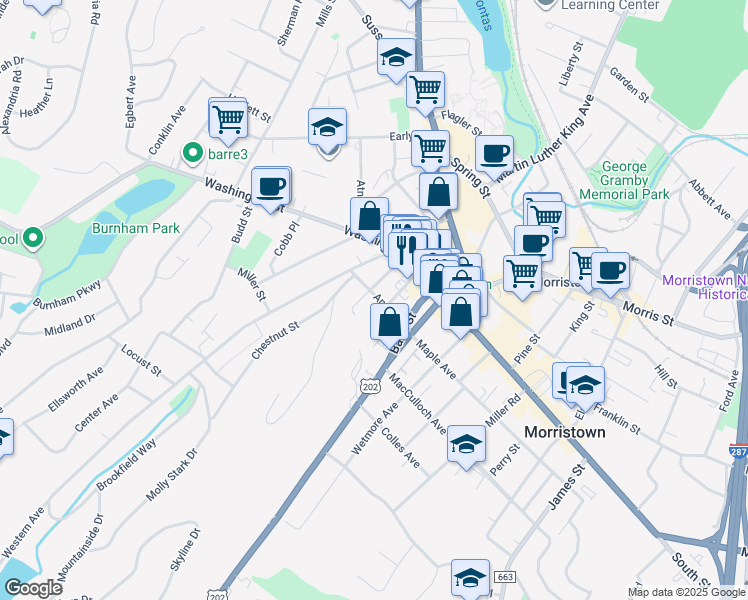 map of restaurants, bars, coffee shops, grocery stores, and more near 10-28 Court Street in Morristown