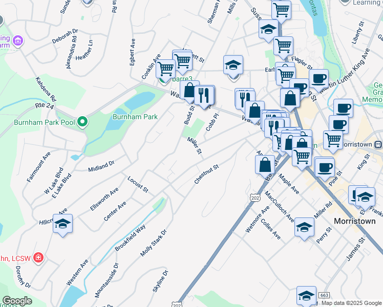 map of restaurants, bars, coffee shops, grocery stores, and more near 17 Miller Street in Morristown