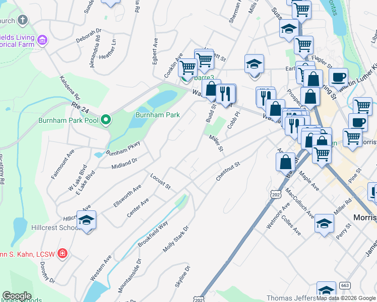 map of restaurants, bars, coffee shops, grocery stores, and more near 47 Budd Street in Morristown