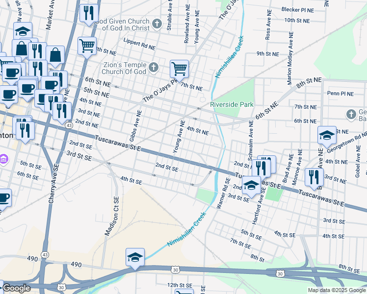 map of restaurants, bars, coffee shops, grocery stores, and more near 212 Young Avenue Northeast in Canton