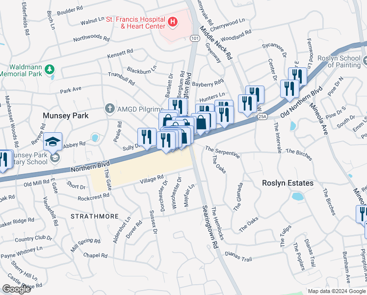 map of restaurants, bars, coffee shops, grocery stores, and more near 2124 Northern Boulevard in Manhasset