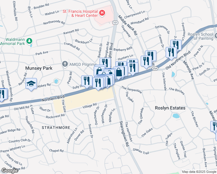 map of restaurants, bars, coffee shops, grocery stores, and more near 2124 Northern Boulevard in Manhasset