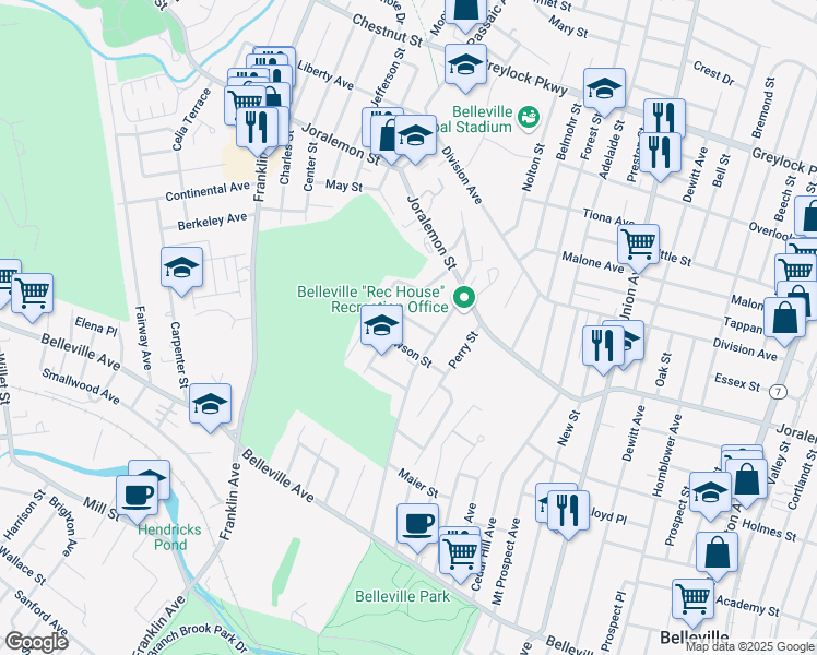 map of restaurants, bars, coffee shops, grocery stores, and more near 59 Baldwin Place in Belleville