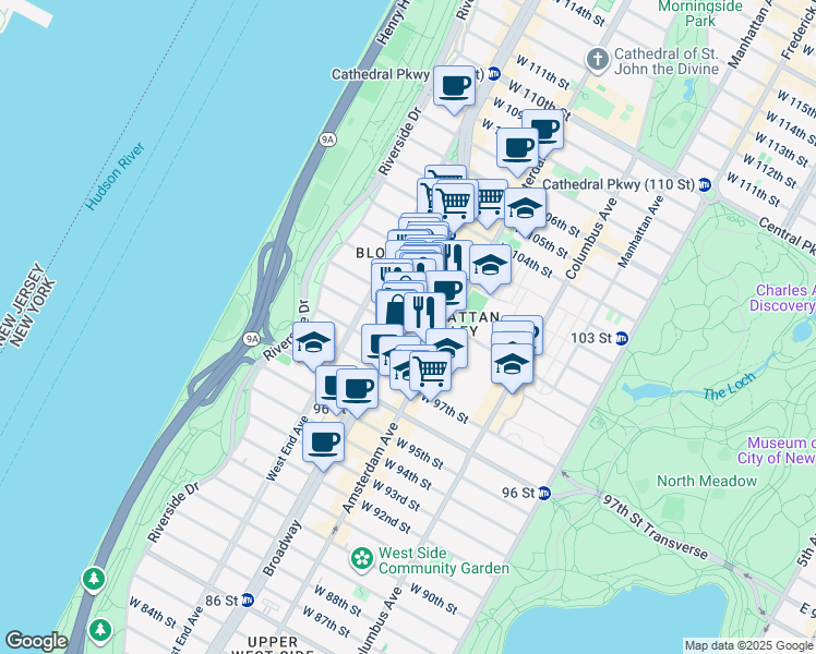 map of restaurants, bars, coffee shops, grocery stores, and more near 233 West 99th Street in New York
