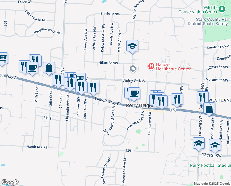 map of restaurants, bars, coffee shops, grocery stores, and more near 3065 Bayer Circle Northwest in Massillon