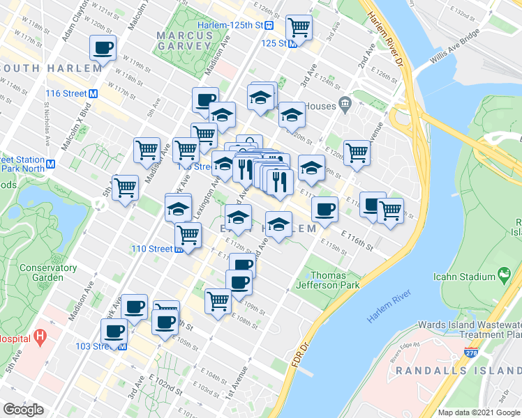 map of restaurants, bars, coffee shops, grocery stores, and more near 226 East 115th Street in New York