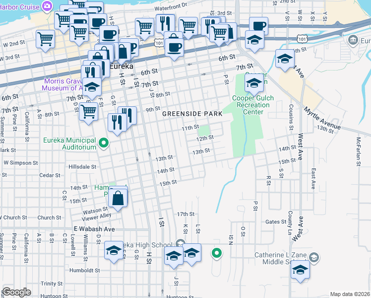 map of restaurants, bars, coffee shops, grocery stores, and more near 1205 L Street in Eureka