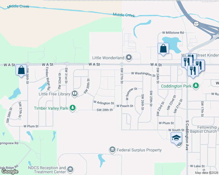 map of restaurants, bars, coffee shops, grocery stores, and more near 1666 Southwest 29th Street in Lincoln
