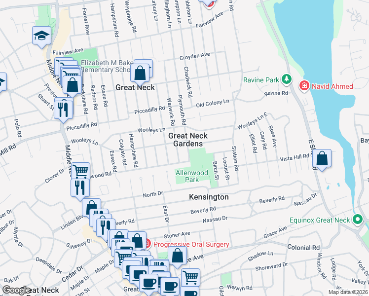 map of restaurants, bars, coffee shops, grocery stores, and more near in Great Neck Gardens