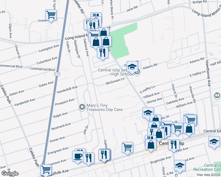 map of restaurants, bars, coffee shops, grocery stores, and more near 20 McGowan Lane in Central Islip