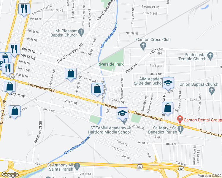map of restaurants, bars, coffee shops, grocery stores, and more near 308 Warner Road Northeast in Canton