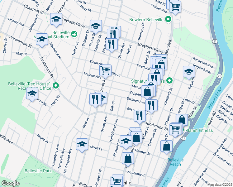 map of restaurants, bars, coffee shops, grocery stores, and more near 109 Tappan Avenue in Belleville