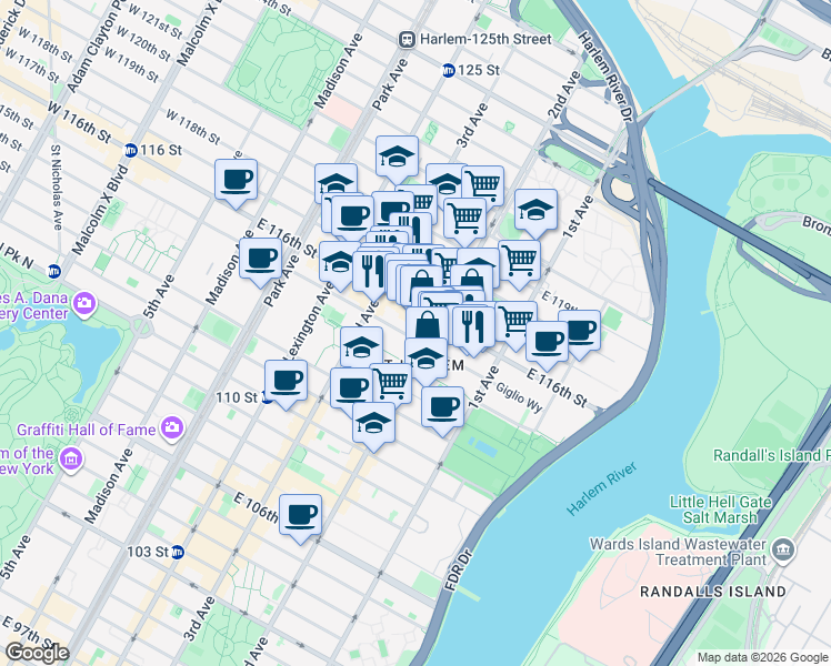 map of restaurants, bars, coffee shops, grocery stores, and more near in New York