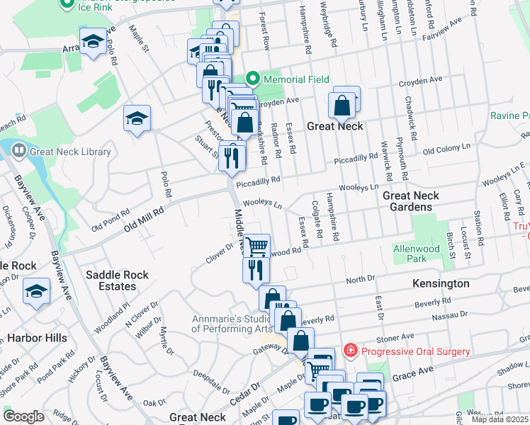 map of restaurants, bars, coffee shops, grocery stores, and more near 16 Wooleys Lane in Great Neck