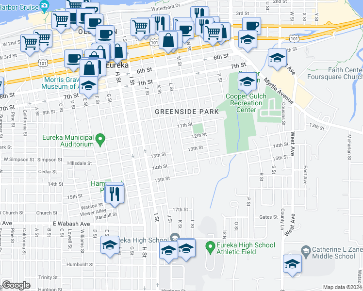 map of restaurants, bars, coffee shops, grocery stores, and more near 1205 L Street in Eureka