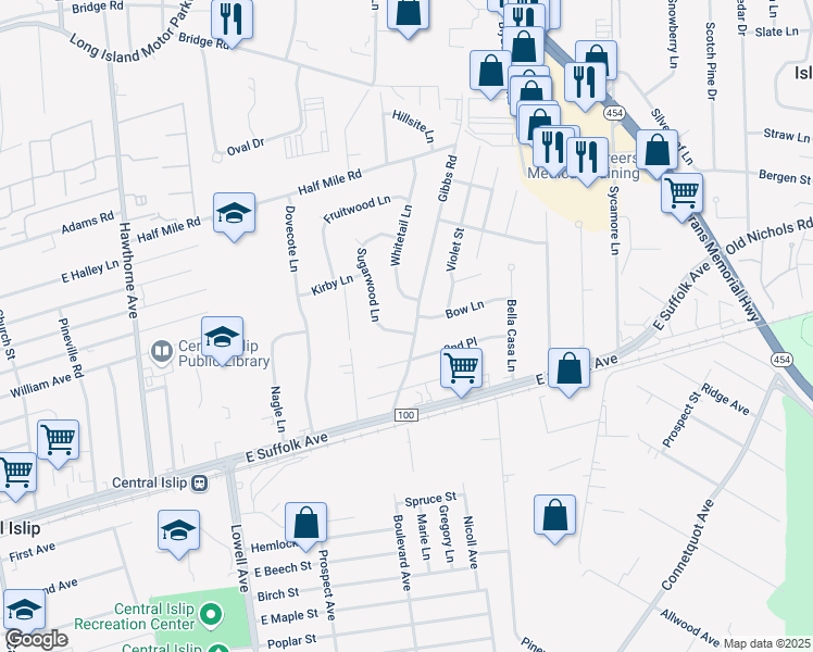 map of restaurants, bars, coffee shops, grocery stores, and more near 3 Bow Lane in Central Islip