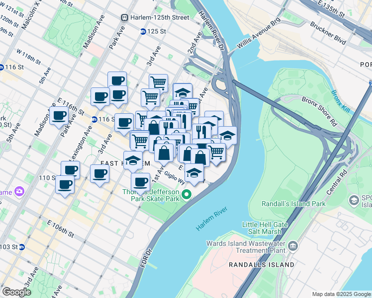 map of restaurants, bars, coffee shops, grocery stores, and more near 421 East 118th Street in New York