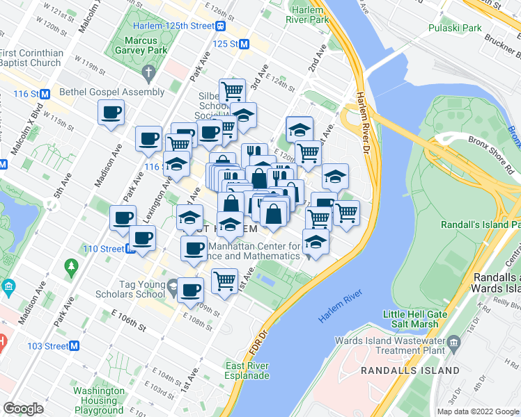 map of restaurants, bars, coffee shops, grocery stores, and more near 318 East 117th Street in New York