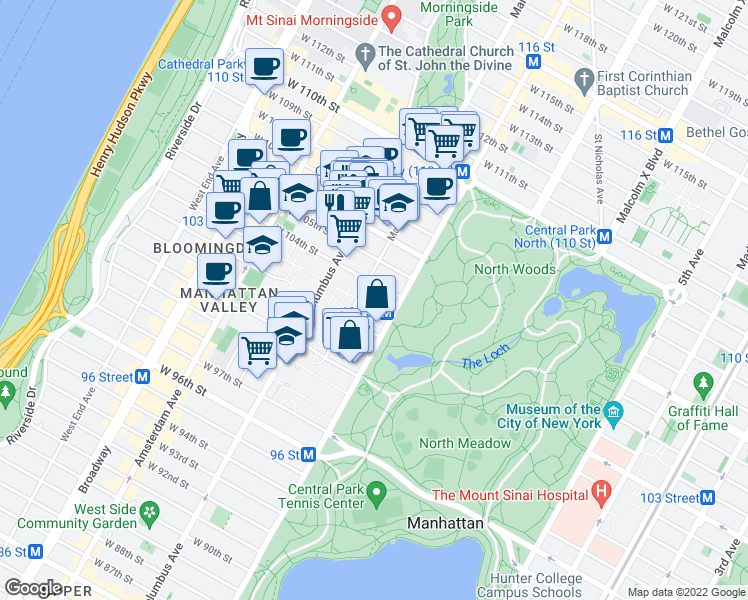 map of restaurants, bars, coffee shops, grocery stores, and more near 8 West 104th Street in New York