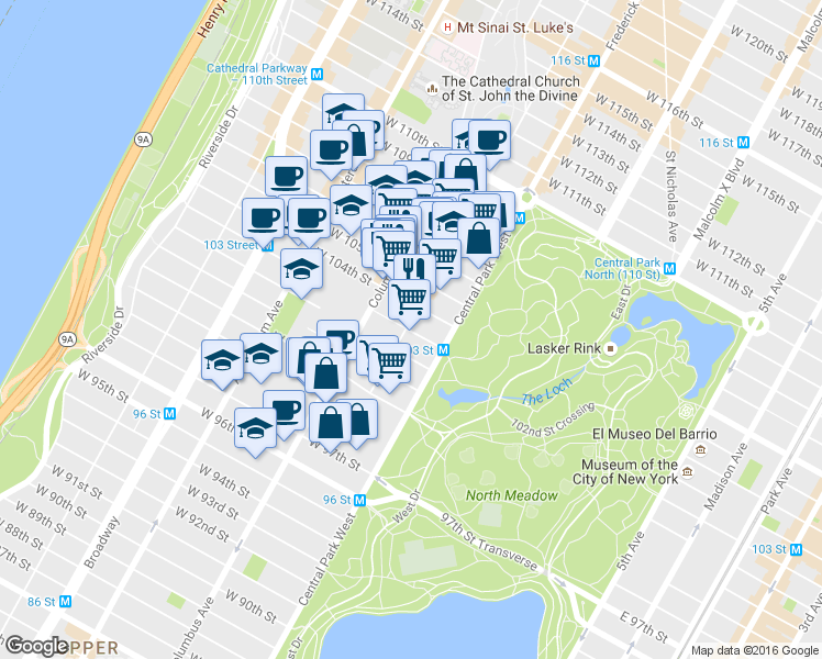 map of restaurants, bars, coffee shops, grocery stores, and more near 8 West 104th Street in New York