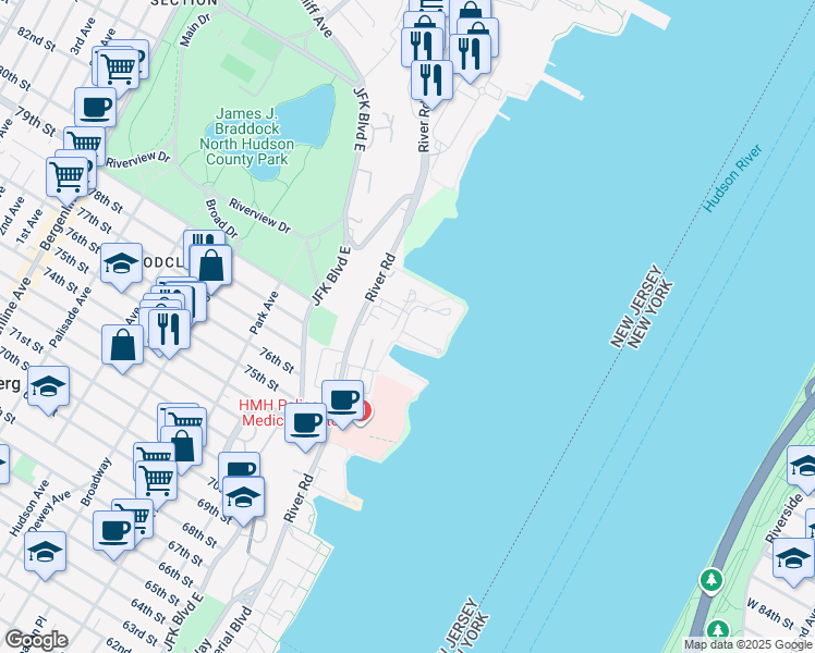 map of restaurants, bars, coffee shops, grocery stores, and more near 7912 River Road in North Bergen