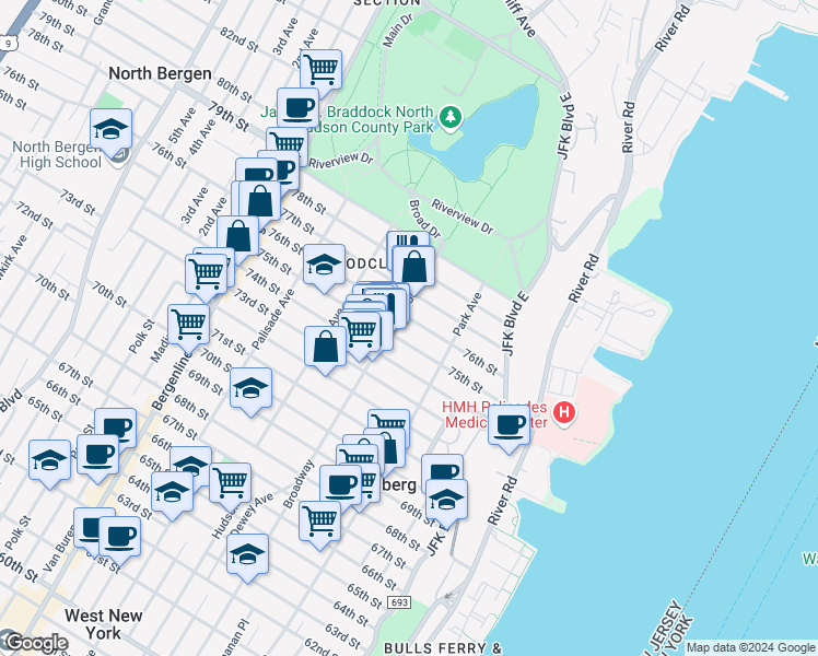 map of restaurants, bars, coffee shops, grocery stores, and more near 145 76th Street in North Bergen