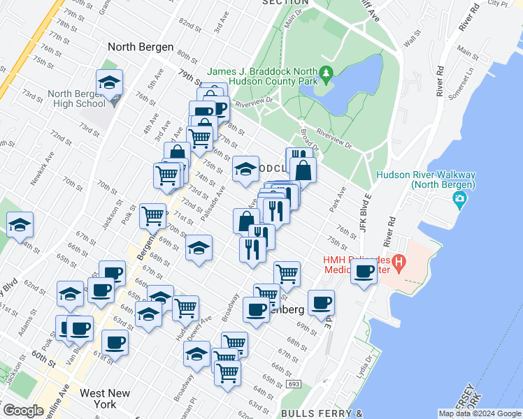 map of restaurants, bars, coffee shops, grocery stores, and more near 220 75th Street in North Bergen