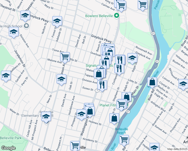 map of restaurants, bars, coffee shops, grocery stores, and more near 15 Malone Avenue in Belleville