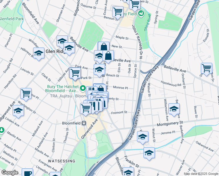 map of restaurants, bars, coffee shops, grocery stores, and more near 91 Monroe Place in Bloomfield