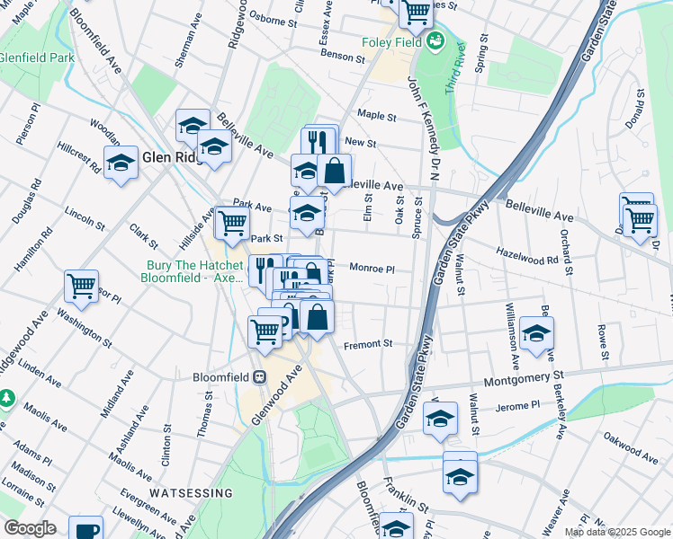 map of restaurants, bars, coffee shops, grocery stores, and more near 91 Monroe Place in Bloomfield