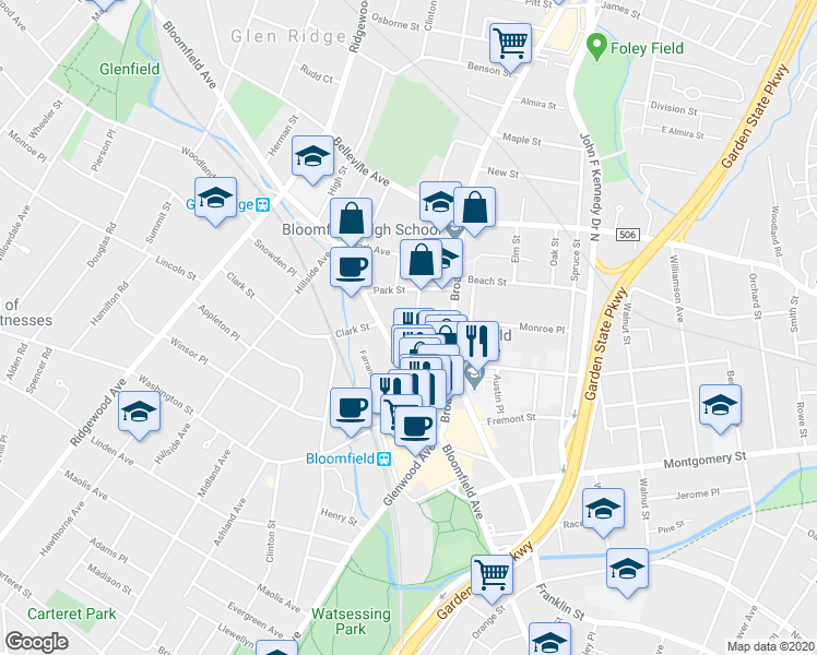 map of restaurants, bars, coffee shops, grocery stores, and more near 40 State Street in Bloomfield