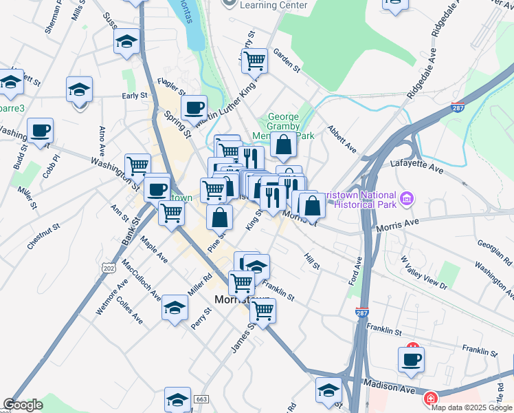 map of restaurants, bars, coffee shops, grocery stores, and more near 122 Morris Street in Morristown