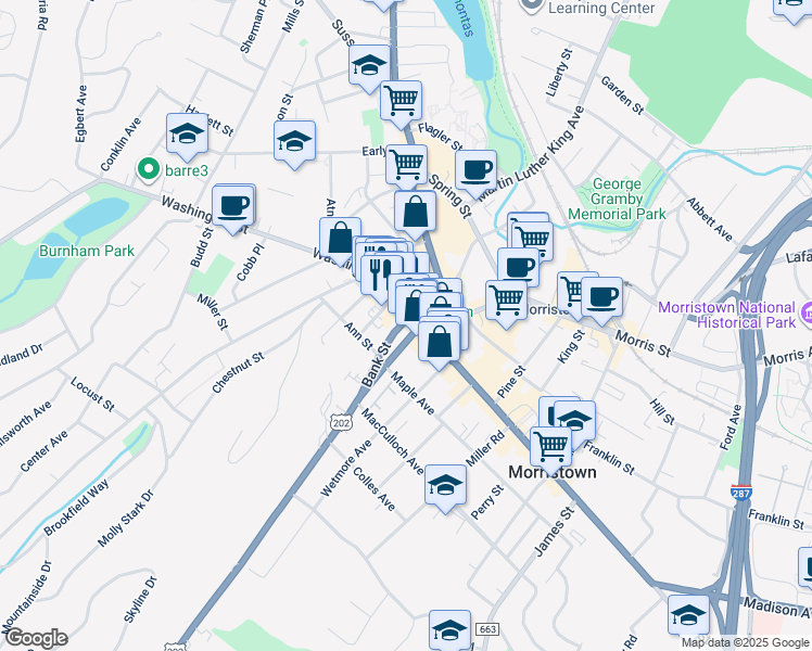 map of restaurants, bars, coffee shops, grocery stores, and more near 6 Washington Street in Morristown