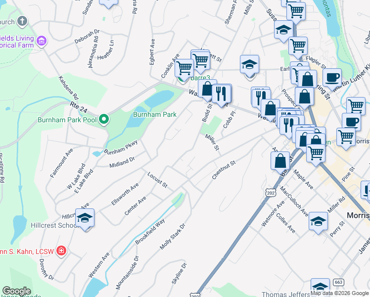 map of restaurants, bars, coffee shops, grocery stores, and more near 47 Budd Street in Morristown