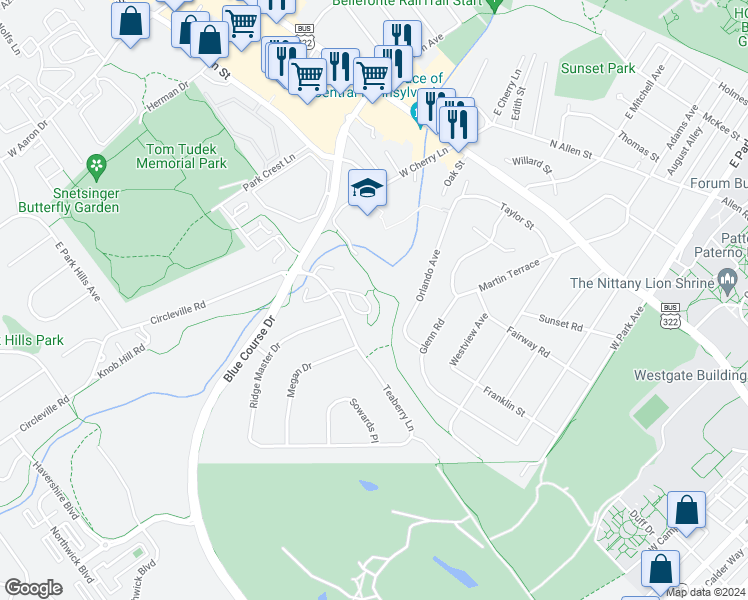 map of restaurants, bars, coffee shops, grocery stores, and more near Circleville to Penn State Bike Path in State College