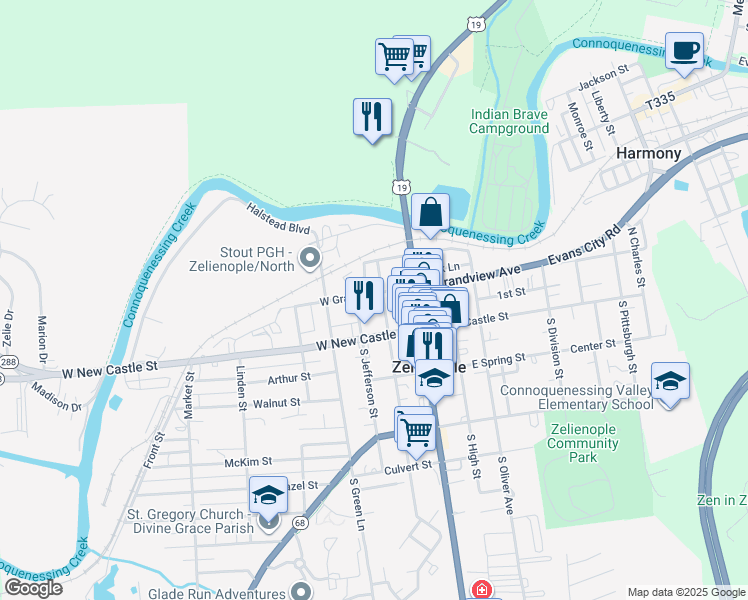 map of restaurants, bars, coffee shops, grocery stores, and more near 201 North Clay Street in Zelienople