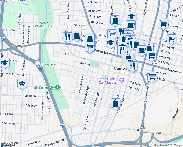 map of restaurants, bars, coffee shops, grocery stores, and more near 818 Shorb Avenue Southwest in Canton