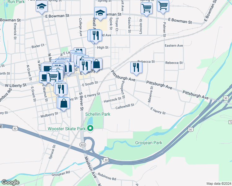 map of restaurants, bars, coffee shops, grocery stores, and more near 631 East Henry Street in Wooster