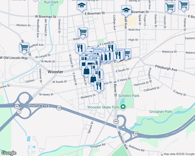 map of restaurants, bars, coffee shops, grocery stores, and more near 116 East South Street in Wooster