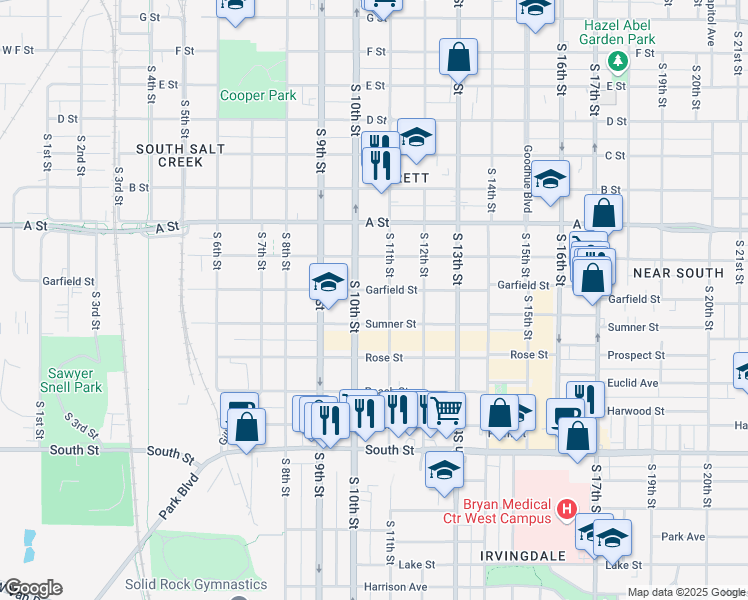 map of restaurants, bars, coffee shops, grocery stores, and more near 1021 Garfield Street in Lincoln