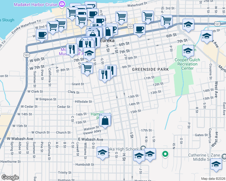 map of restaurants, bars, coffee shops, grocery stores, and more near 1134 H Street in Eureka