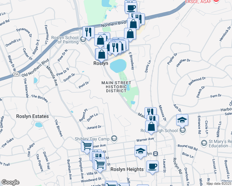 map of restaurants, bars, coffee shops, grocery stores, and more near in Roslyn