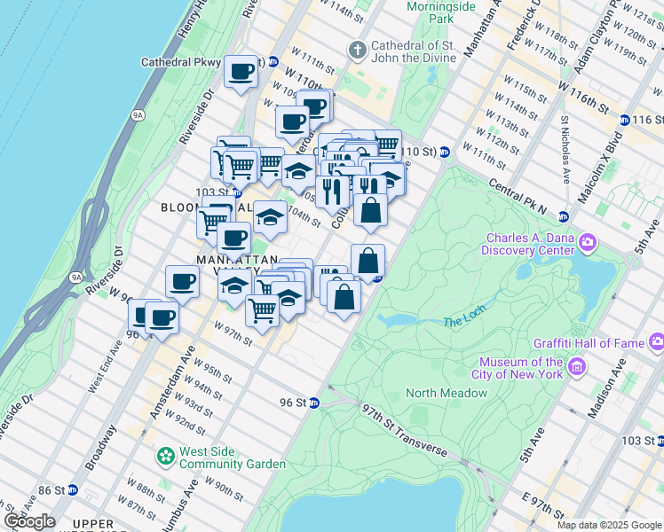 map of restaurants, bars, coffee shops, grocery stores, and more near 865 Columbus Avenue in New York