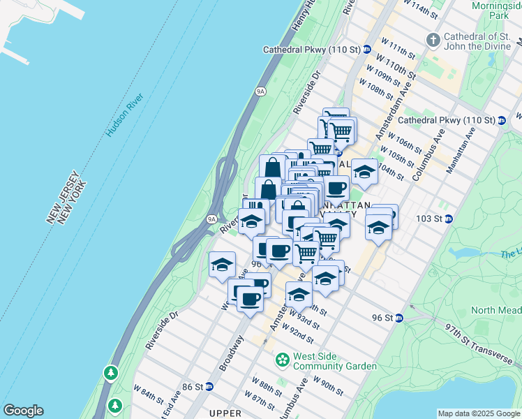map of restaurants, bars, coffee shops, grocery stores, and more near 312 West 98th Street in New York