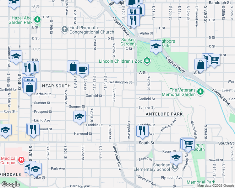 map of restaurants, bars, coffee shops, grocery stores, and more near 1551 South 25th Street in Lincoln